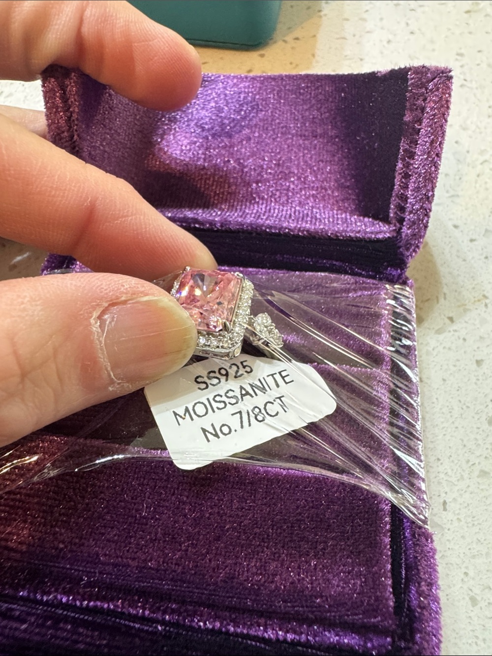 Sterling Silver Pink Moissanite Cushion Ring